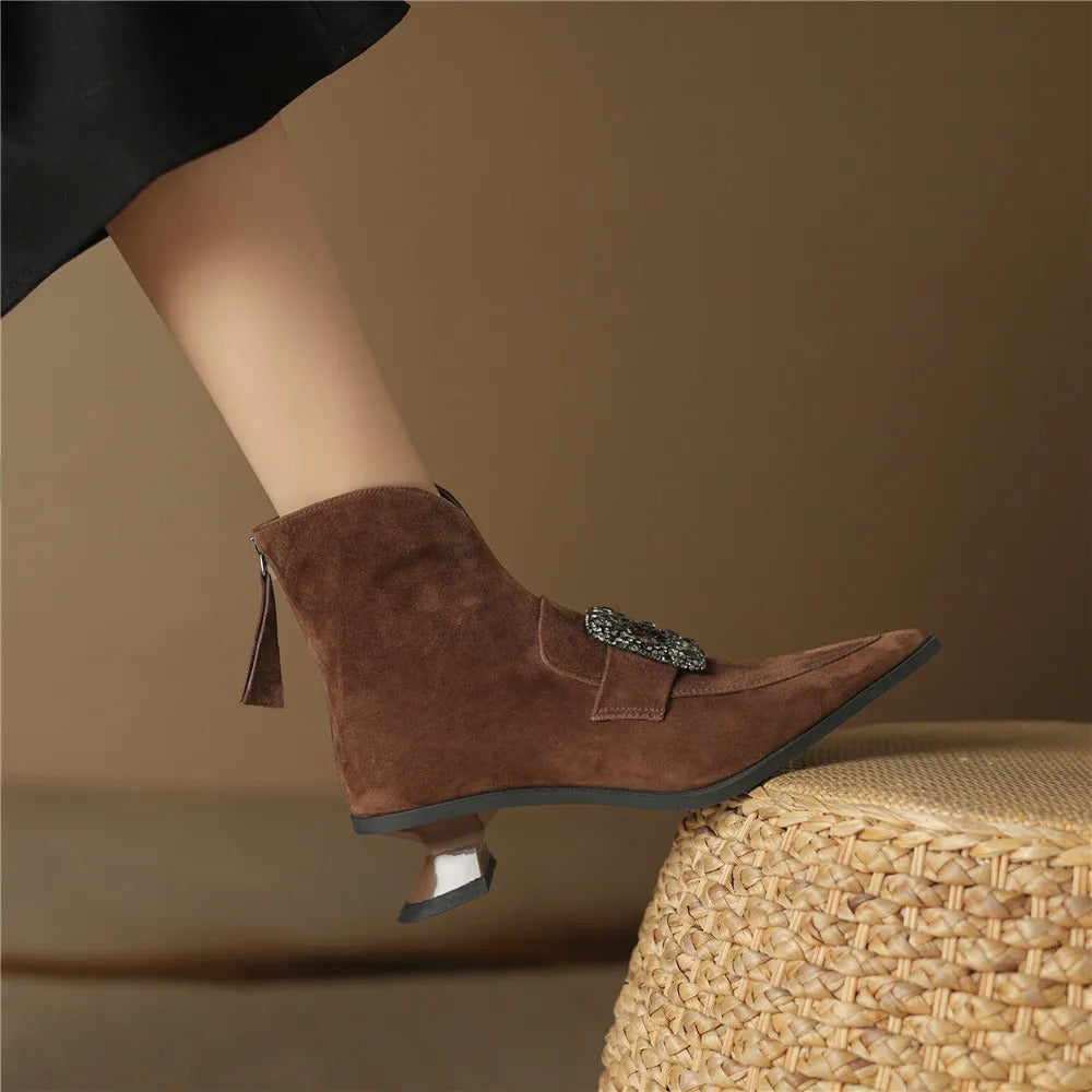 Crystal Buckle Kid Suede Strange Heels Pointed Toe Warm Short Plush Solid Color Ankle Boots
