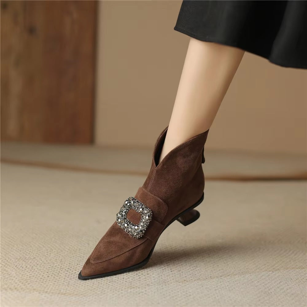 Crystal Buckle Kid Suede Strange Heels Pointed Toe Warm Short Plush Solid Color Ankle Boots