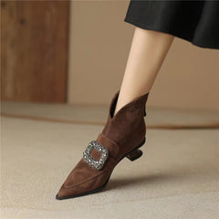 Crystal Buckle Kid Suede Strange Heels Pointed Toe Warm Short Plush Solid Color Ankle Boots
