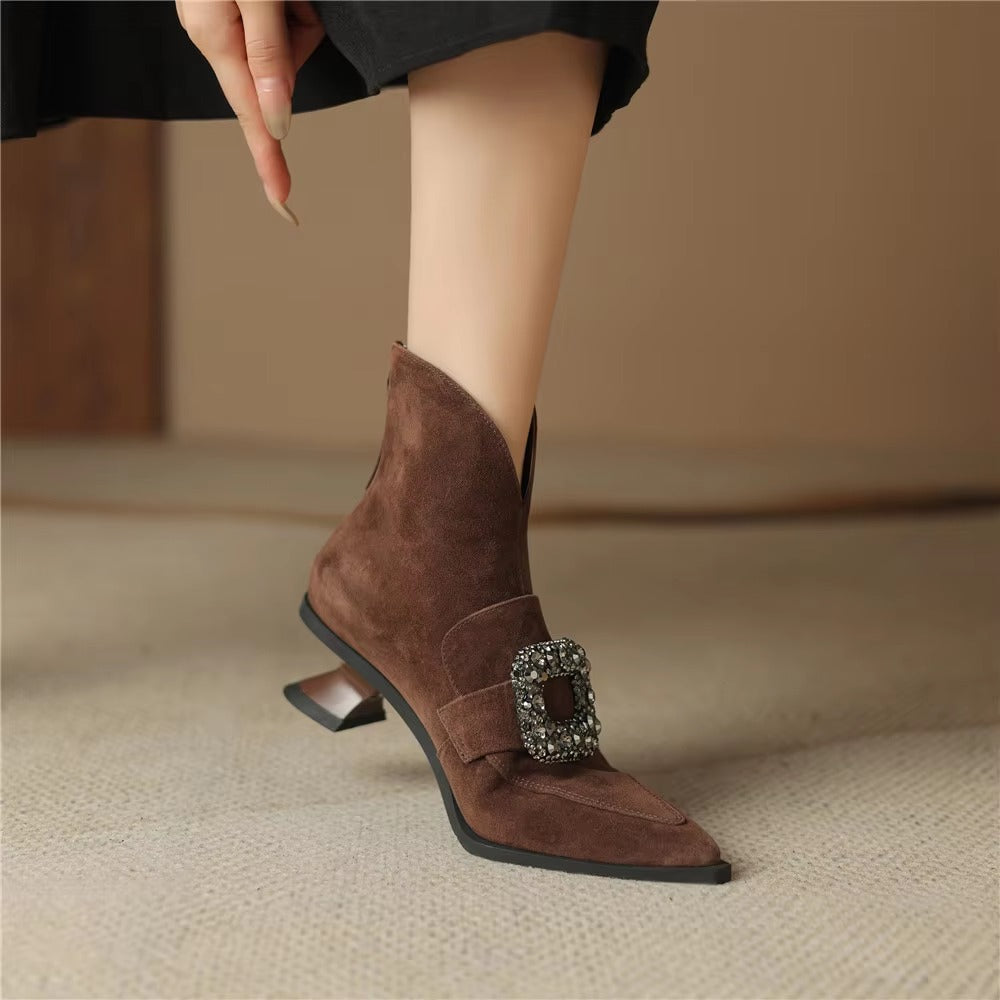 Crystal Buckle Kid Suede Strange Heels Pointed Toe Warm Short Plush Solid Color Ankle Boots