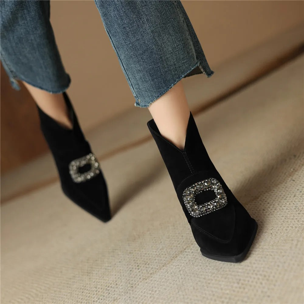 Crystal Buckle Kid Suede Strange Heels Pointed Toe Warm Short Plush Solid Color Ankle Boots
