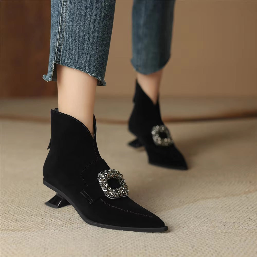 Crystal Buckle Kid Suede Strange Heels Pointed Toe Warm Short Plush Solid Color Ankle Boots