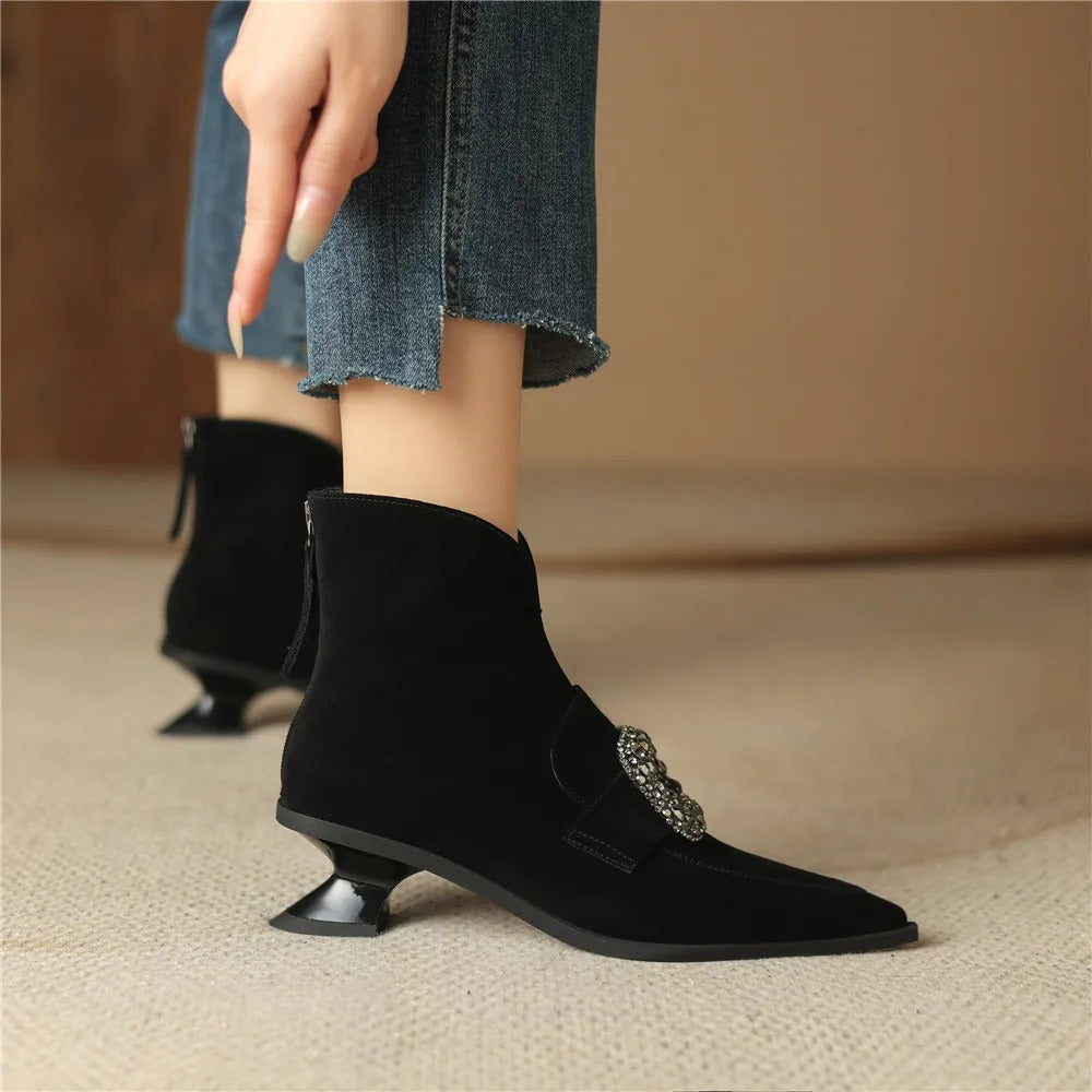 Crystal Buckle Kid Suede Strange Heels Pointed Toe Warm Short Plush Solid Color Ankle Boots