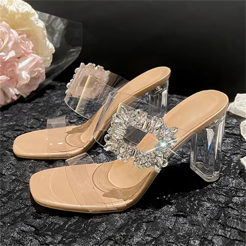 Crystal Buckle PVC Transparent Square Toe Clear Heels Party Slides Shoes