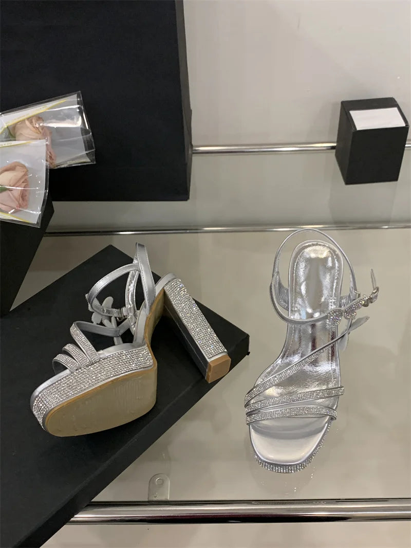 Crystal Designer Bowknot Square Toe Buckle Strap High Heels Pumps