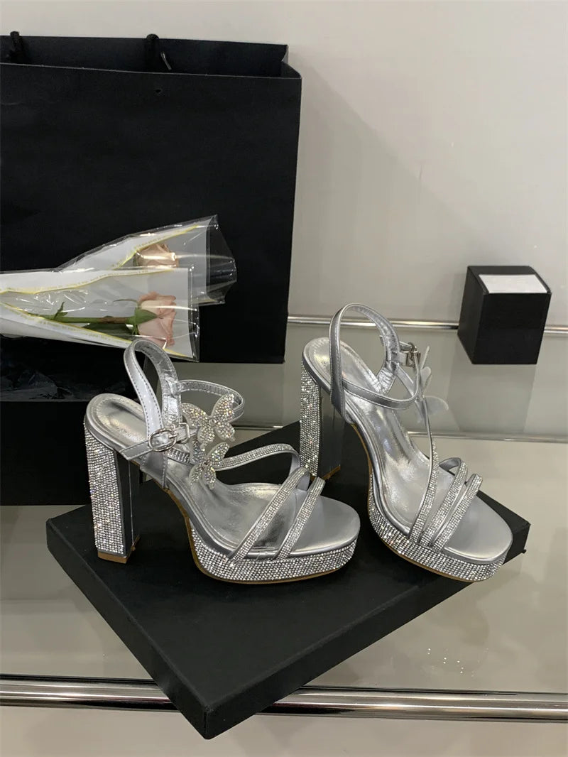 Crystal Designer Bowknot Square Toe Buckle Strap High Heels Pumps