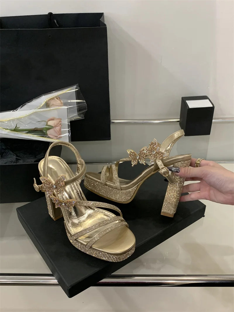 Crystal Designer Bowknot Square Toe Buckle Strap High Heels Pumps