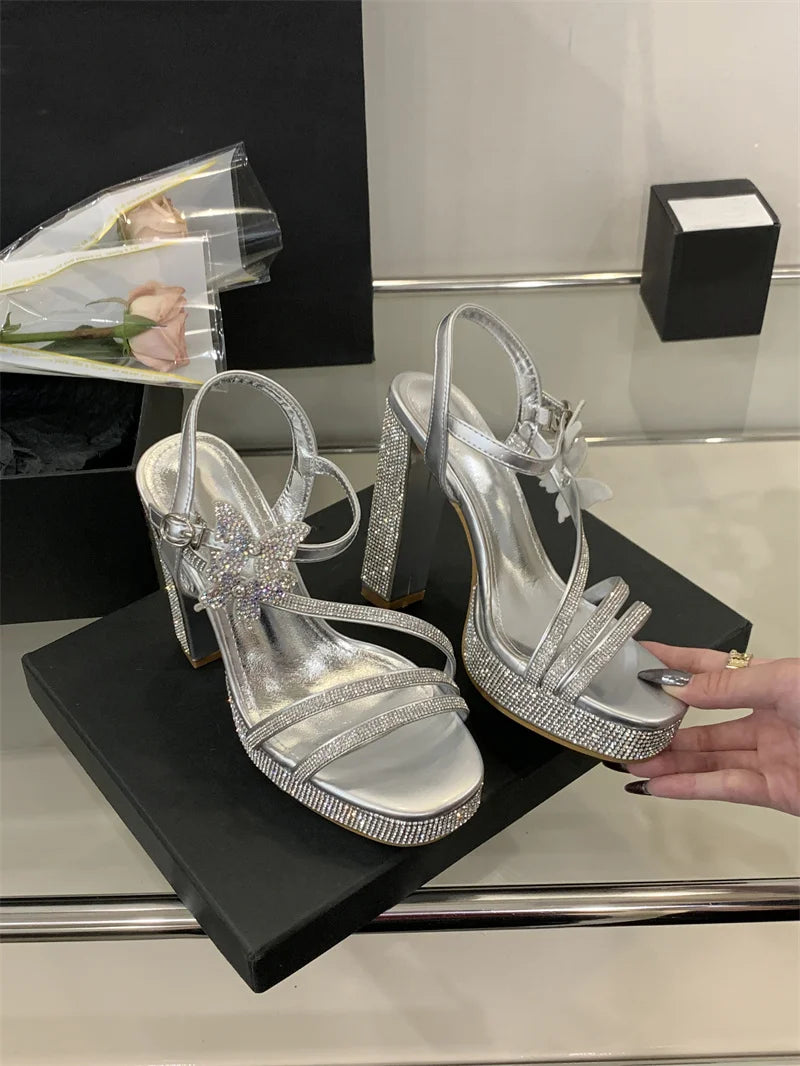 Crystal Designer Bowknot Square Toe Buckle Strap High Heels Pumps