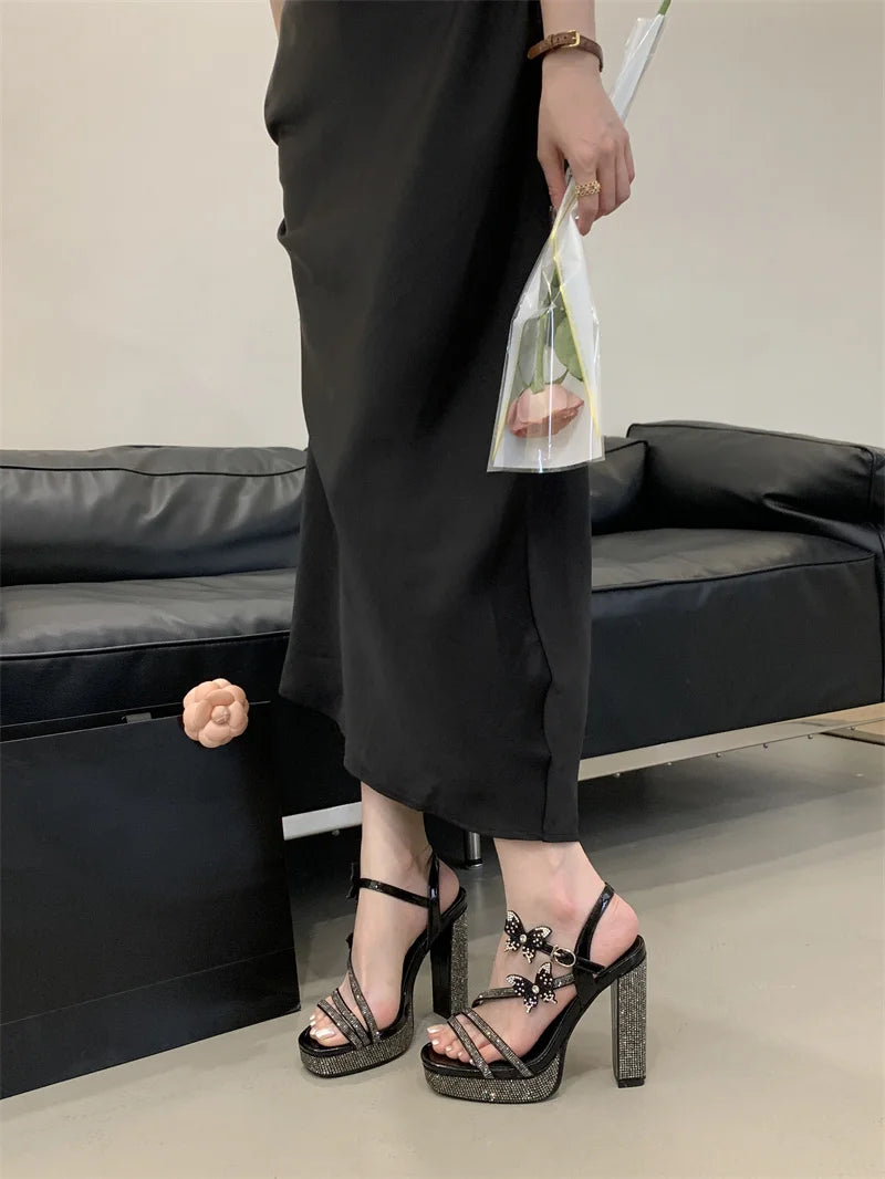 Crystal Designer Bowknot Square Toe Buckle Strap High Heels Pumps