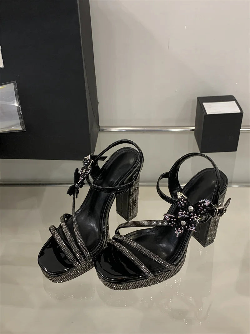 Crystal Designer Bowknot Square Toe Buckle Strap High Heels Pumps