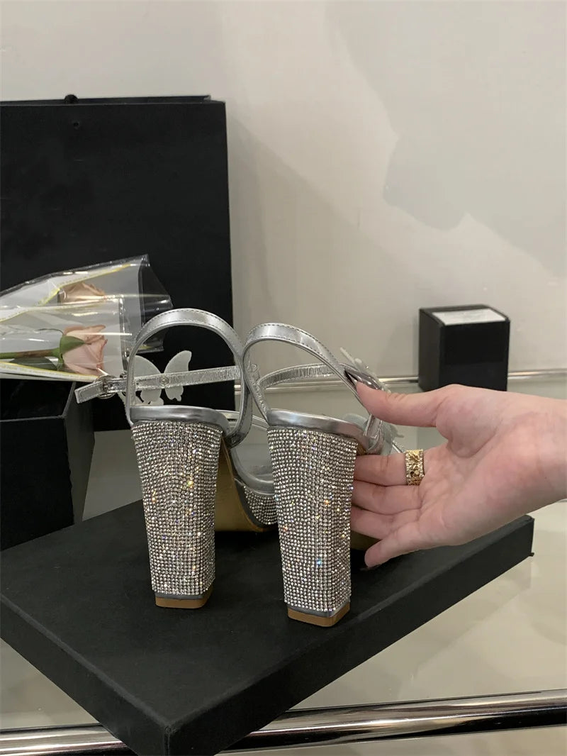 Crystal Designer Bowknot Square Toe Buckle Strap High Heels Pumps