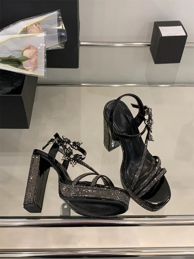 Crystal Designer Bowknot Square Toe Buckle Strap High Heels Pumps