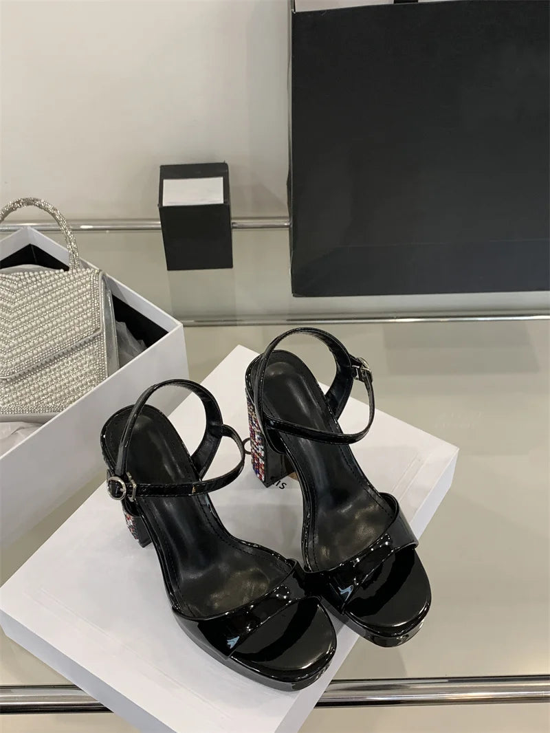 Crystal Designer Rhinestone Patent Leather Platform High Heels Sandals