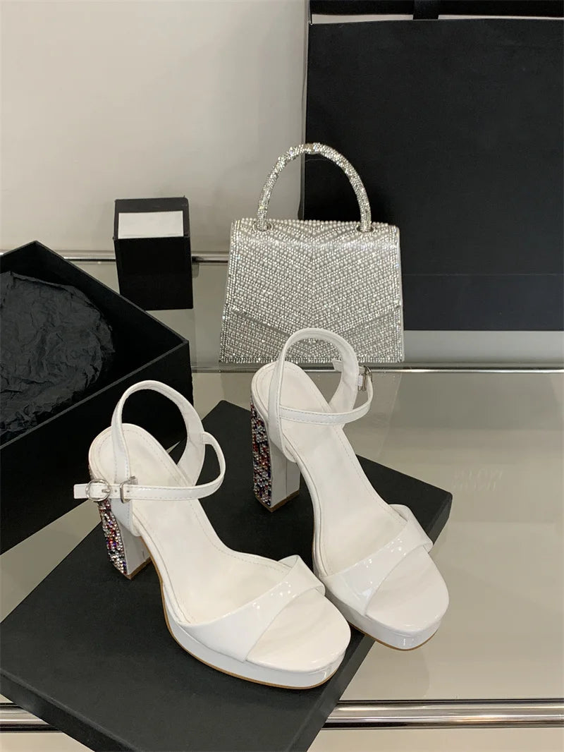 Crystal Designer Rhinestone Patent Leather Platform High Heels Sandals