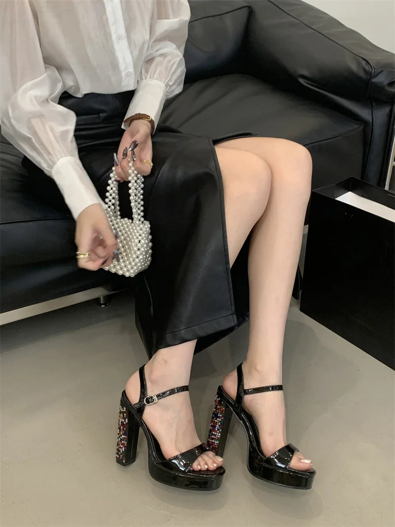 Crystal Designer Rhinestone Patent Leather Platform High Heels Sandals