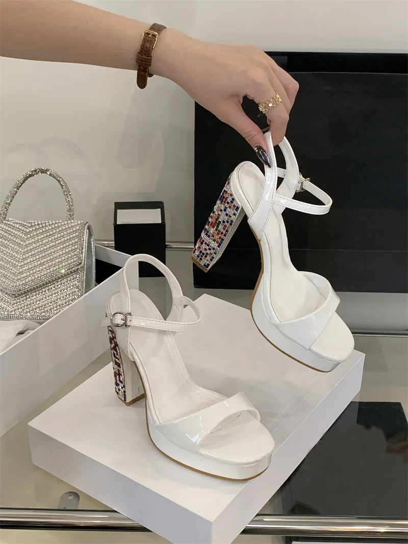 Crystal Designer Rhinestone Patent Leather Platform High Heels Sandals