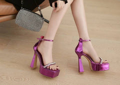 Crystal Diamond Buckle Strap Platform Open Toe Thick High Heels Sandals