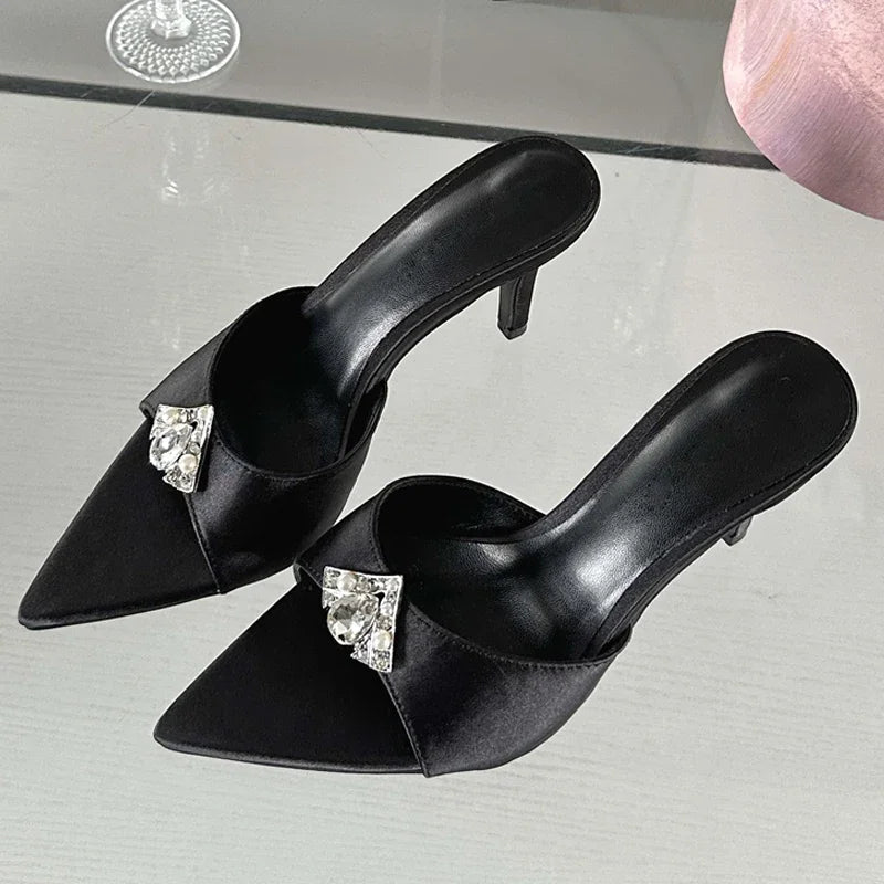 Crystal Diamond Pointed Toe Banquet Slides High Heel Sandals