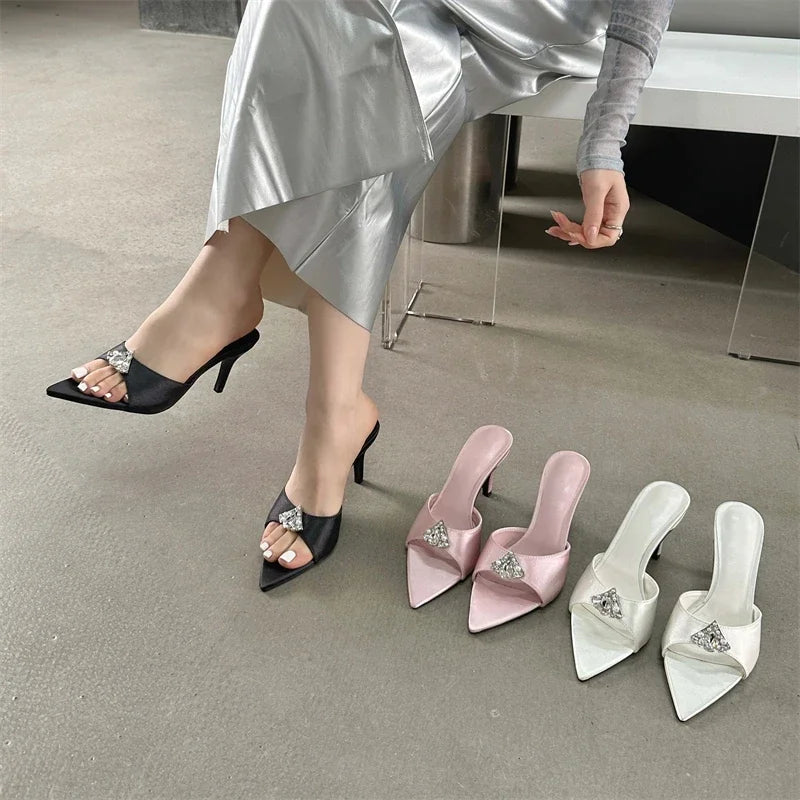 Crystal Diamond Pointed Toe Banquet Slides High Heel Sandals