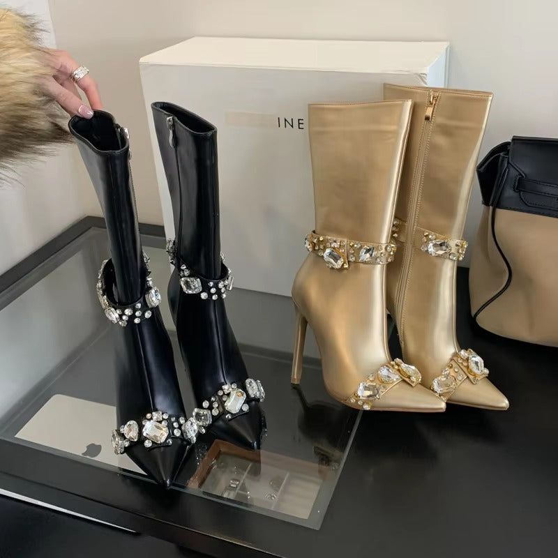 Crystal Diamond Pointed Toe Stiletto Zip Leather Ankle Boots
