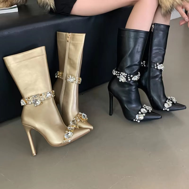 Crystal Diamond Pointed Toe Stiletto Zip Leather Ankle Boots