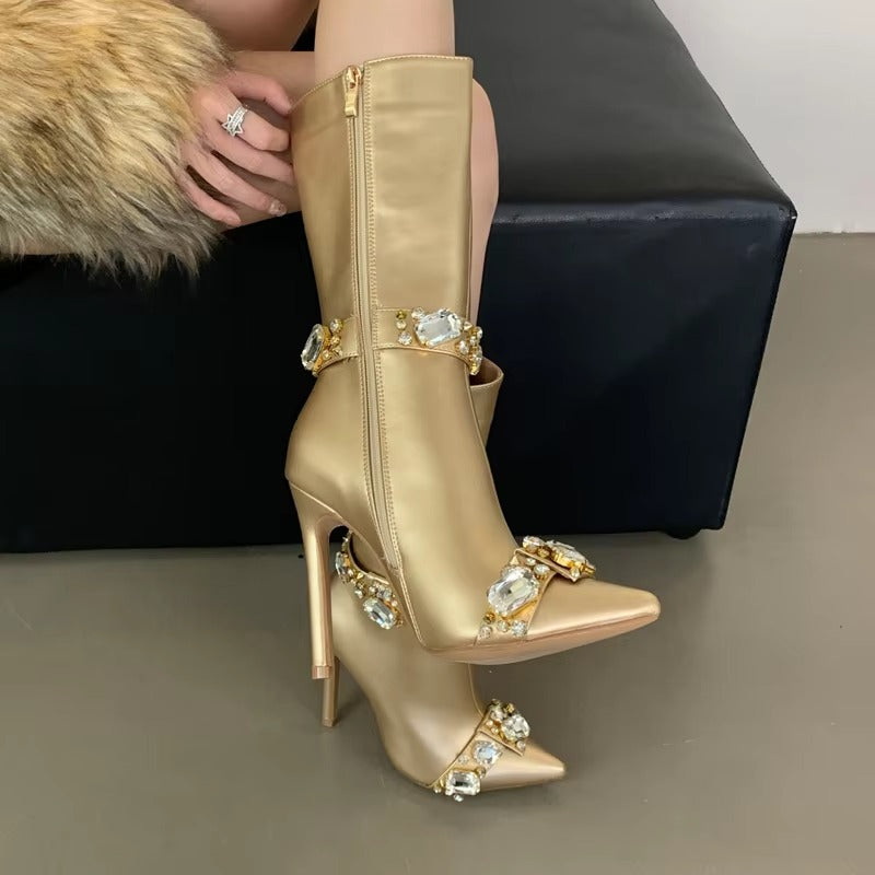 Crystal Diamond Pointed Toe Stiletto Zip Leather Ankle Boots