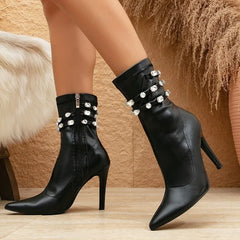 Crystal Diamond Pointed Toe Thin High Heels Zipper Ankle Boots