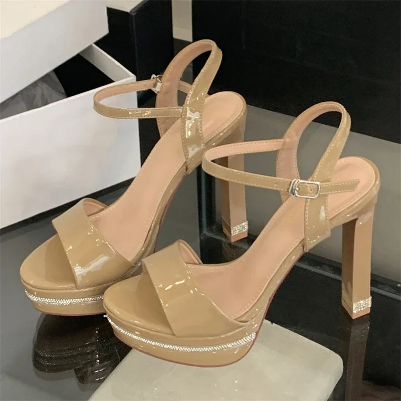 Crystal Diamonds Open Toe Buckle Strap Design Platform High Heels Sandals
