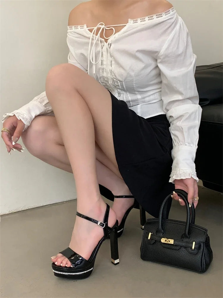 Crystal Diamonds Open Toe Buckle Strap Design Platform High Heels Sandals