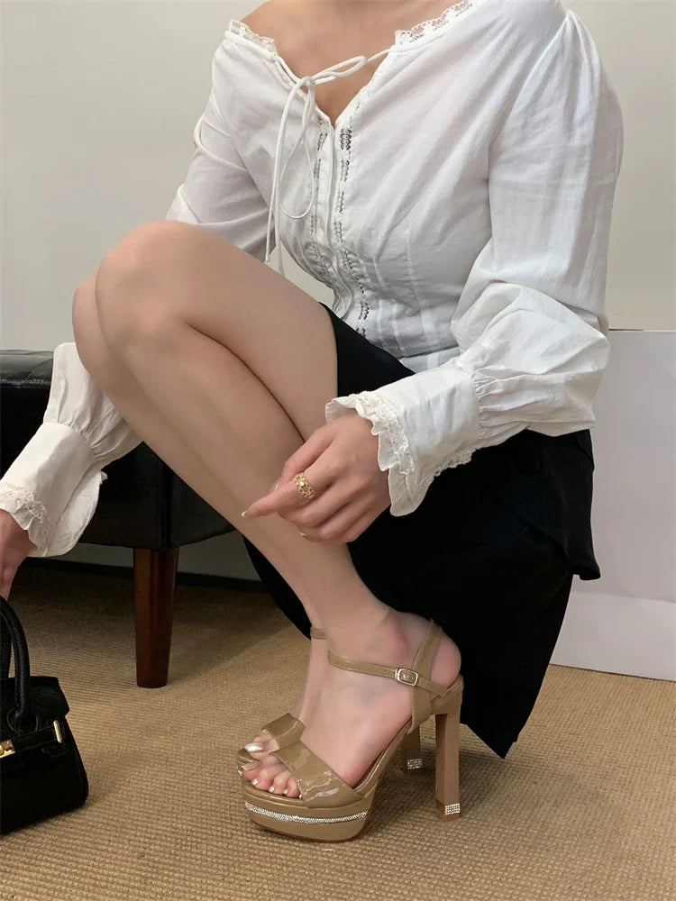 Crystal Diamonds Open Toe Buckle Strap Design Platform High Heels Sandals