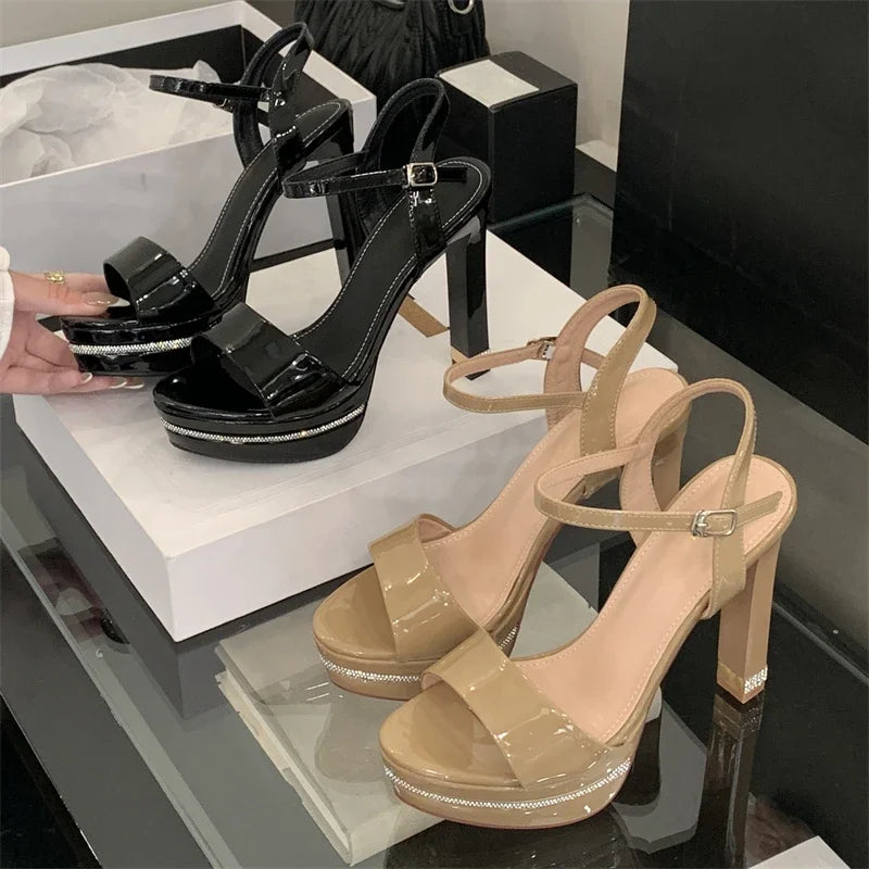 Crystal Diamonds Open Toe Buckle Strap Design Platform High Heels Sandals