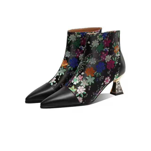 Crystal Embroidery patchwork pointed toe high Heel Top quality Ethnic Ankle Boot