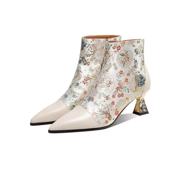 Crystal Embroidery patchwork pointed toe high Heel Top quality Ethnic Ankle Boot