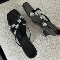 Crystal Flower Square Toe Designer Wedge High Heels Outdoor Party Shoes