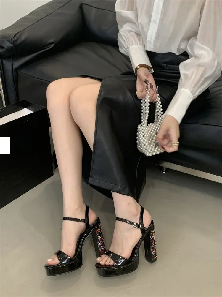 Crystal Gladiator Square Toe With Buckle Strap Platform High Heels Pumps