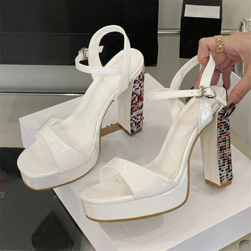 Crystal Gladiator Square Toe With Buckle Strap Platform High Heels Pumps