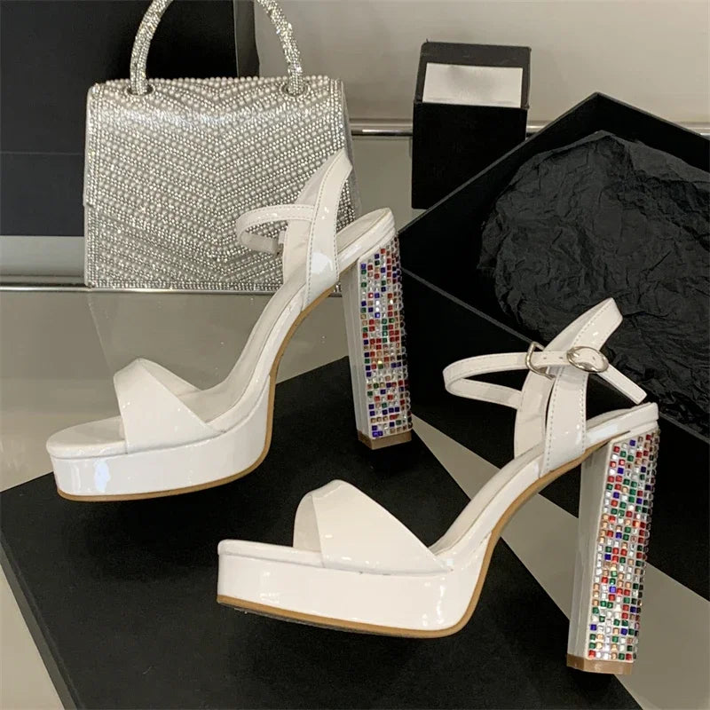 Crystal Gladiator Square Toe With Buckle Strap Platform High Heels Pumps