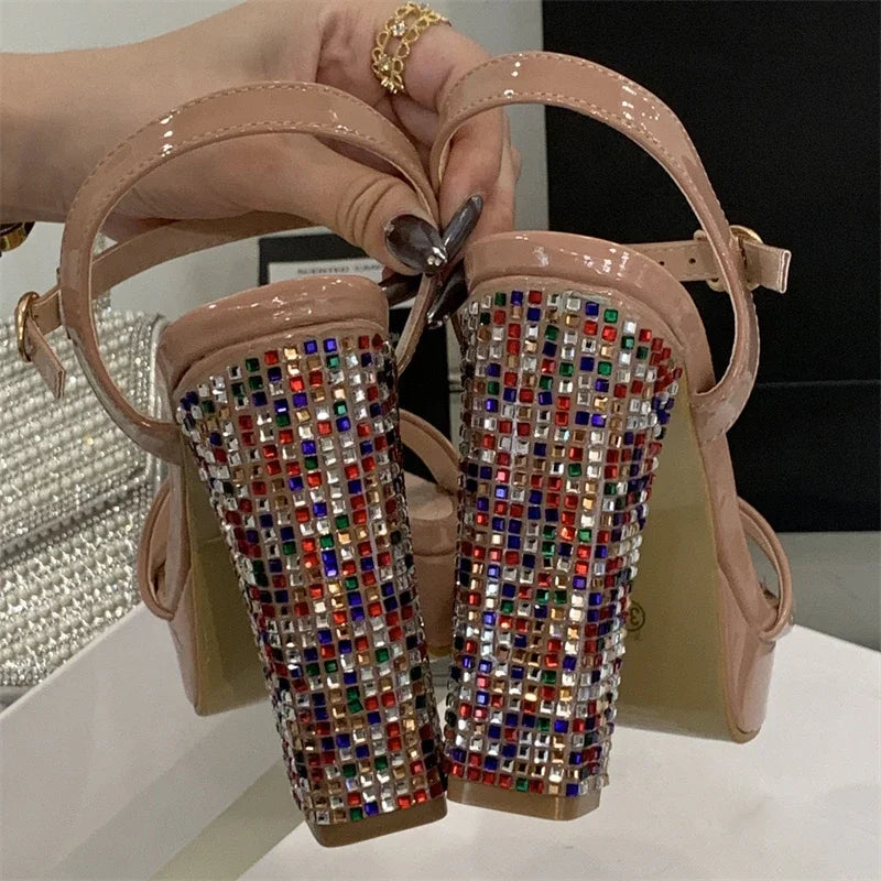 Crystal Gladiator Square Toe With Buckle Strap Platform High Heels Pumps