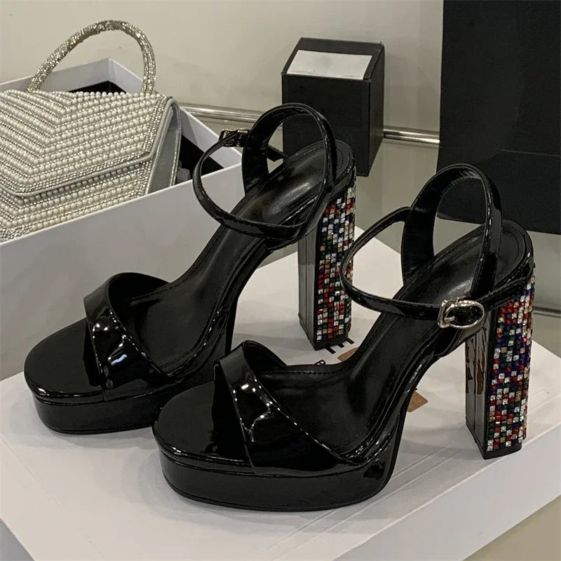 Crystal Gladiator Square Toe With Buckle Strap Platform High Heels Pumps