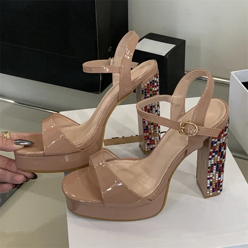 Crystal Gladiator Square Toe With Buckle Strap Platform High Heels Pumps