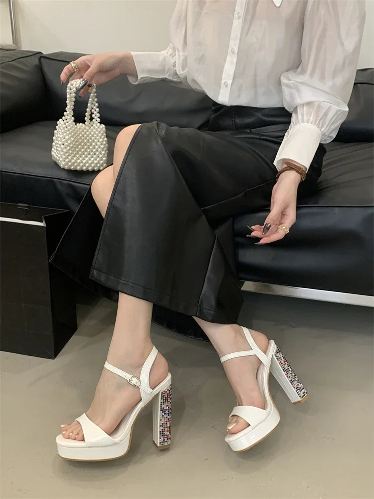 Crystal Gladiator Square Toe With Buckle Strap Platform High Heels Pumps