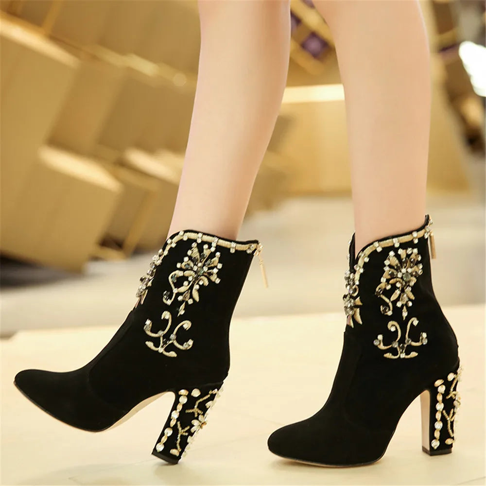 Crystal Kid Suede Zipper Round Toe Square Heels Party Ankle Boots