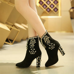 Crystal Kid Suede Zipper Round Toe Square Heels Party Ankle Boots