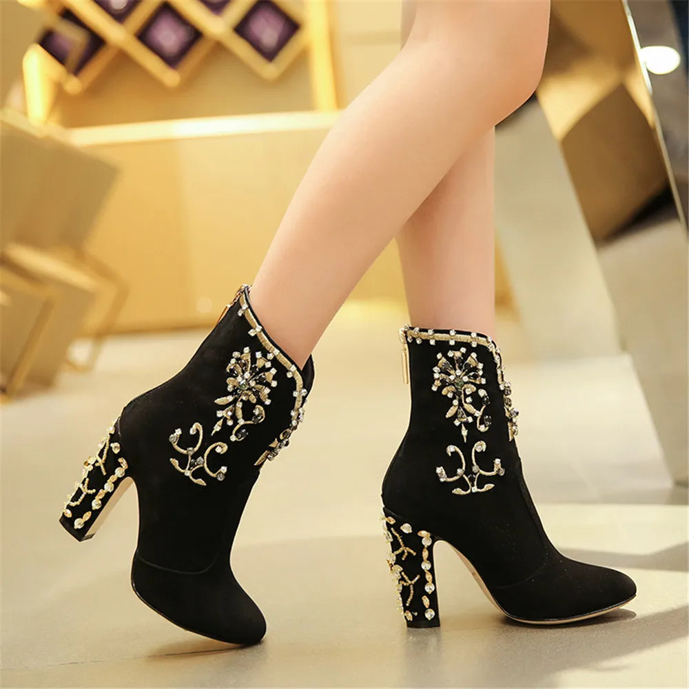 Crystal Kid Suede Zipper Round Toe Square Heels Party Ankle Boots
