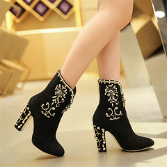 Crystal Kid Suede Zipper Round Toe Square Heels Party Ankle Boots