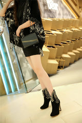 Crystal Kid Suede Zipper Round Toe Square Heels Party Ankle Boots