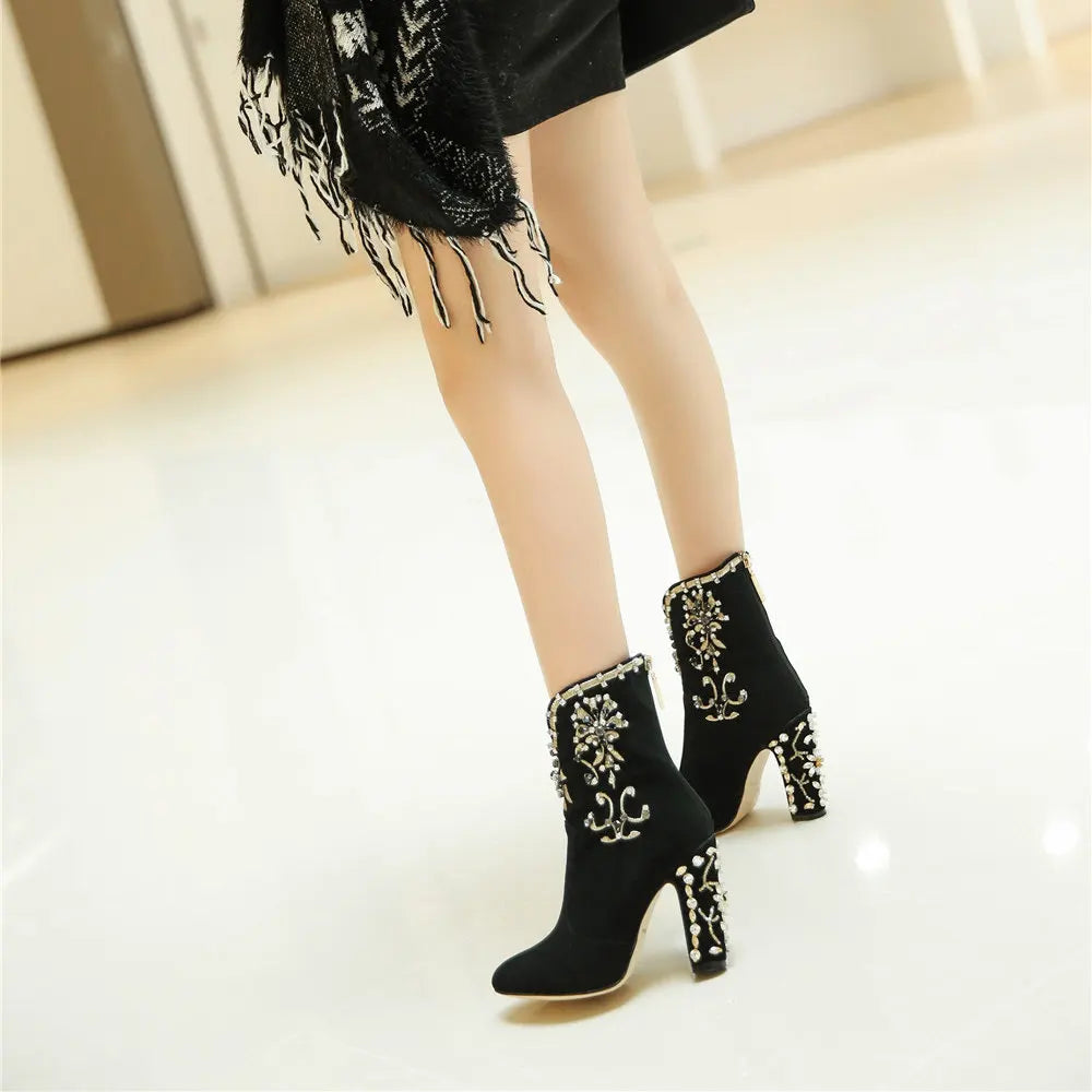 Crystal Kid Suede Zipper Round Toe Square Heels Party Ankle Boots