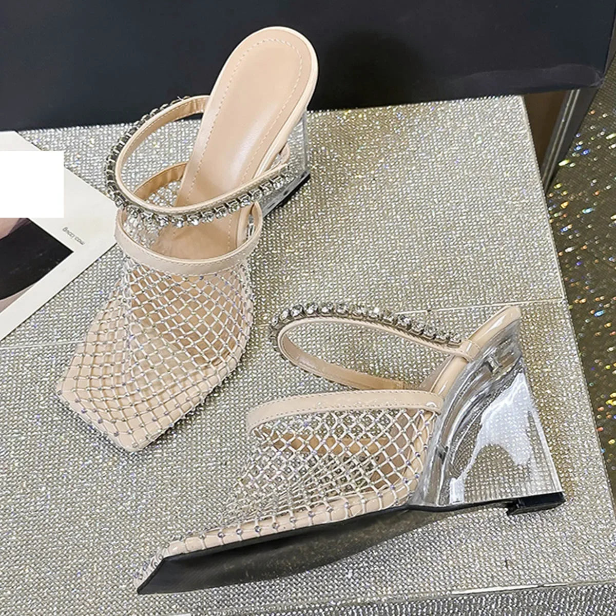 Crystal Mesh Square Toe Rhinestone Transparent Wedges Hollow Out High Heels