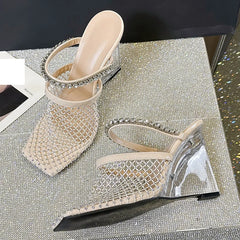 Crystal Mesh Square Toe Rhinestone Transparent Wedges Hollow Out High Heels