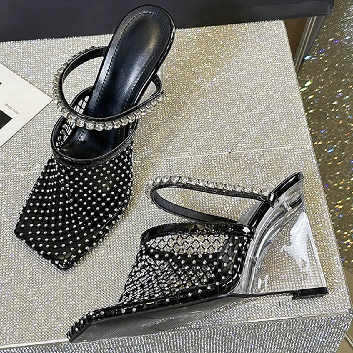 Crystal Mesh Square Toe Rhinestone Transparent Wedges Hollow Out High Heels